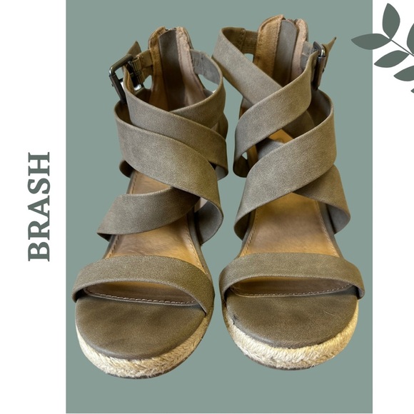 🛍️3/$40 Brash Open Toe Wedge Heel Sandal Straps  Espadrille Taupe Brown Size 8 - Picture 3 of 8